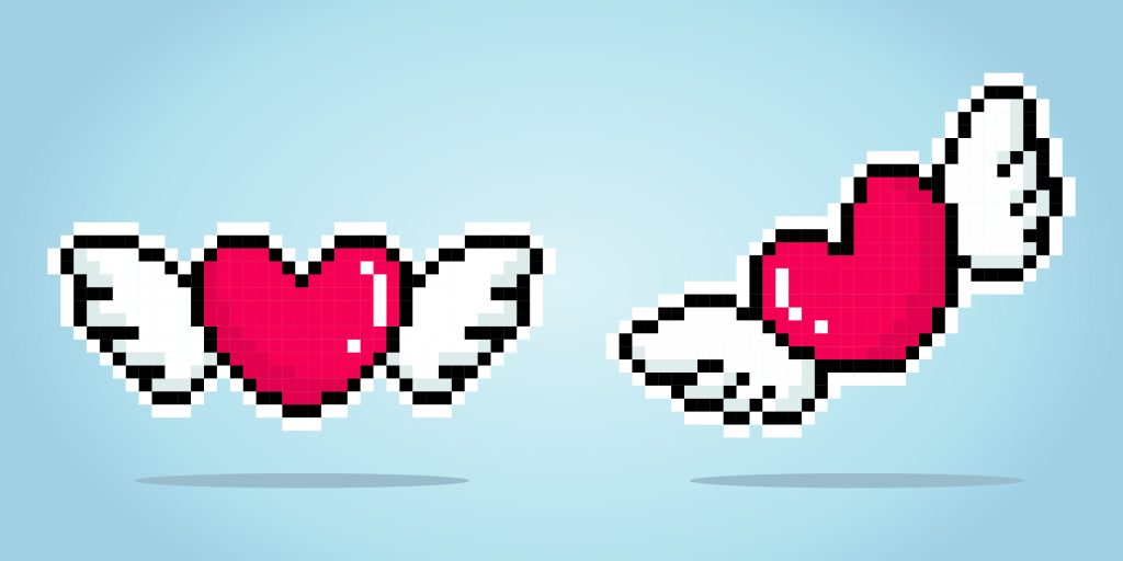 pixel art of love birds and wings on heart